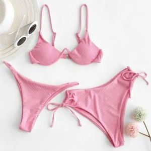 Pink Ribbed Bikini Three Piece Set